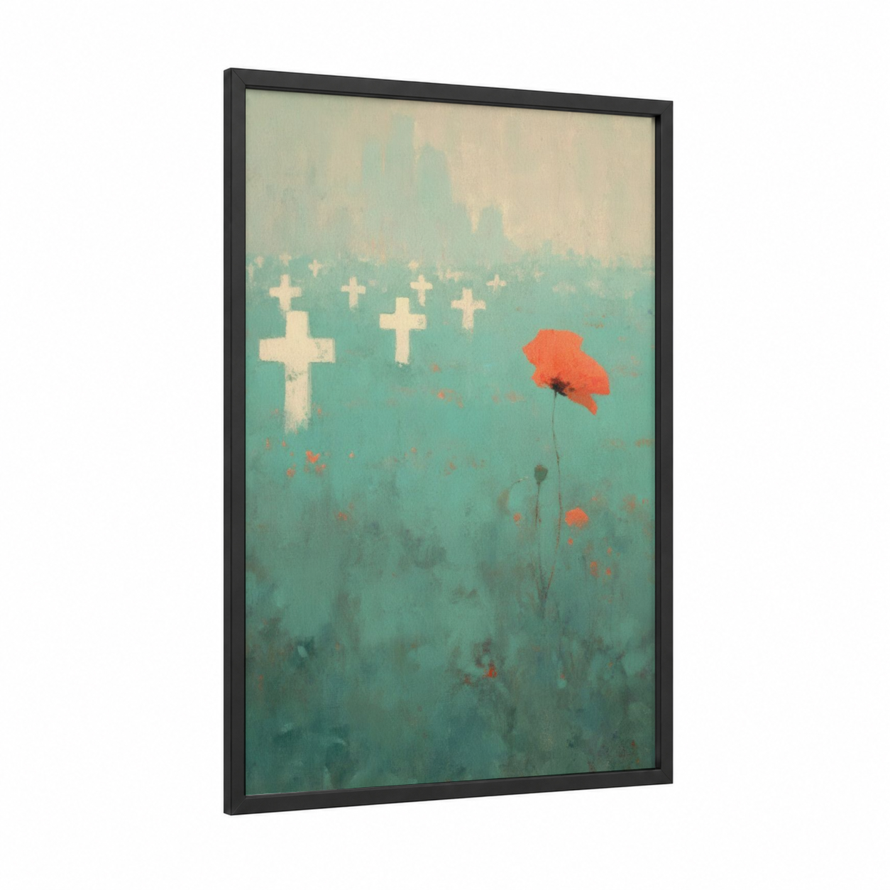 Crimson Remembrance framed veterans day print — black wood frame — teal and peach palette