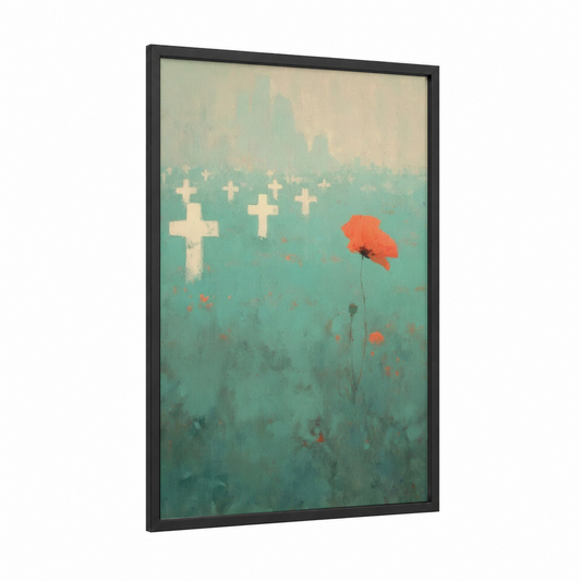 Crimson Remembrance framed veterans day print — black wood frame — teal and peach palette