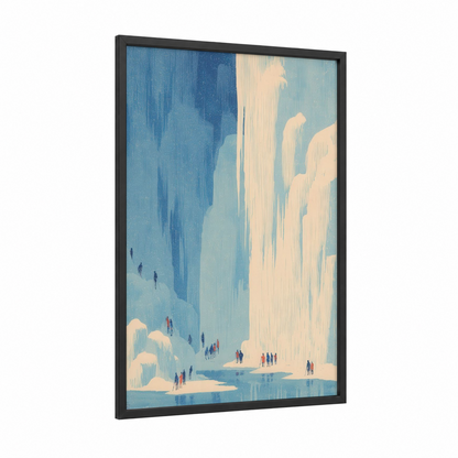 Frozen Waterfall framed ice climbing print — black wood frame — blue and cream palette