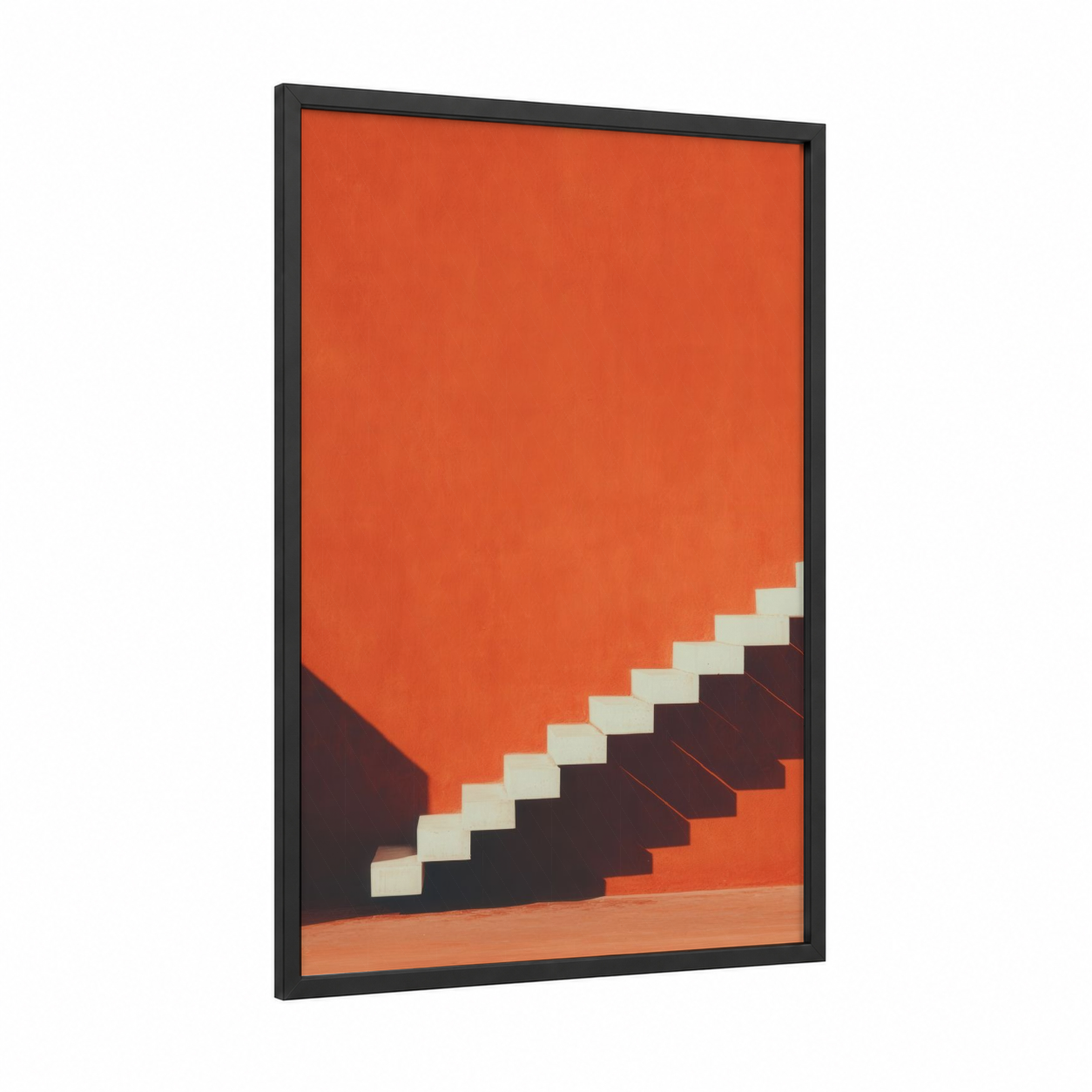 Crimson Staircase framed art print — black wood frame — pumpkin and cream palette