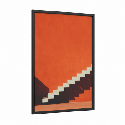 Crimson Staircase framed art print — black wood frame — pumpkin and cream palette