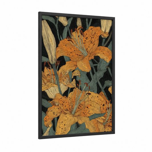 Golden Lily Botanical framed art print — black wood frame — gold and dark green palette