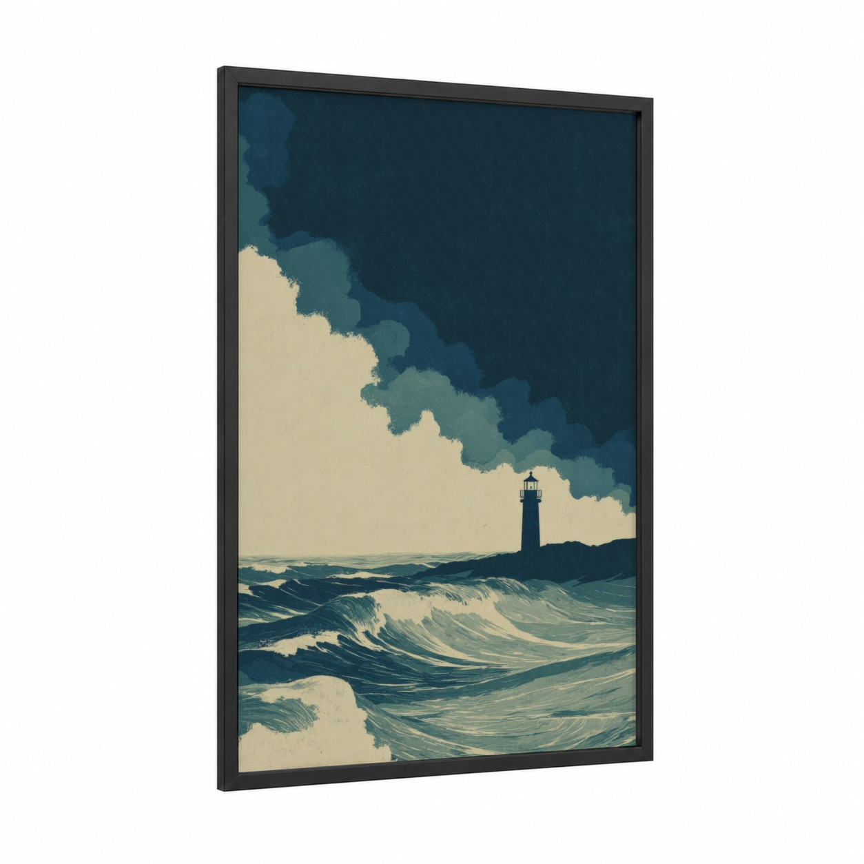 Stormy Lighthouse framed seascapes and ocean print — black wood frame — dark blue and cream palette