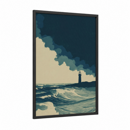 Stormy Lighthouse framed seascapes and ocean print — black wood frame — dark blue and cream palette