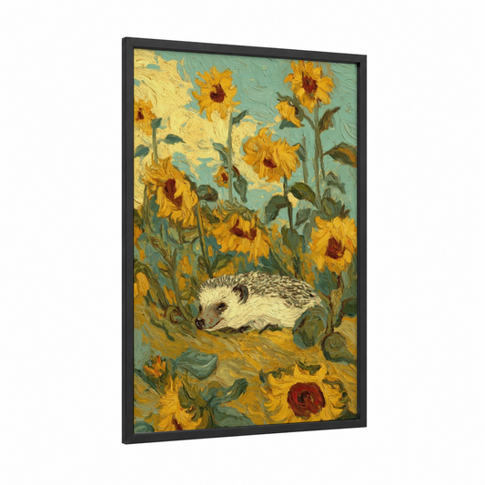 Sunflower Hedgehog framed art print — black wood frame — yellow gold and blue and green palette