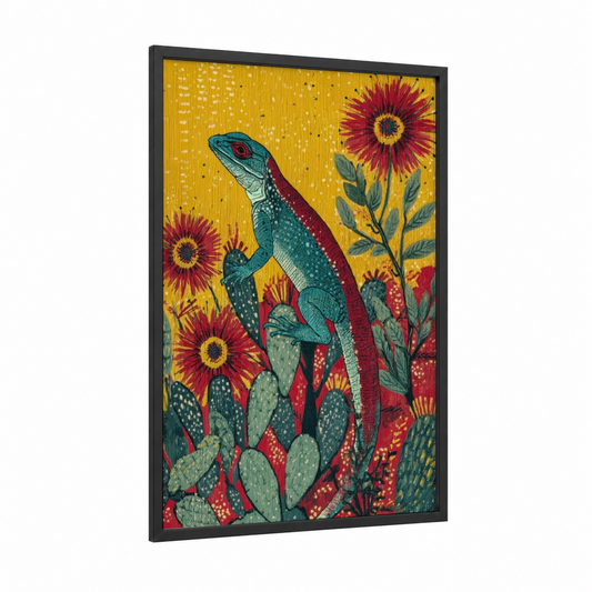 Desert Lizard framed art print — black wood frame — gold and red palette