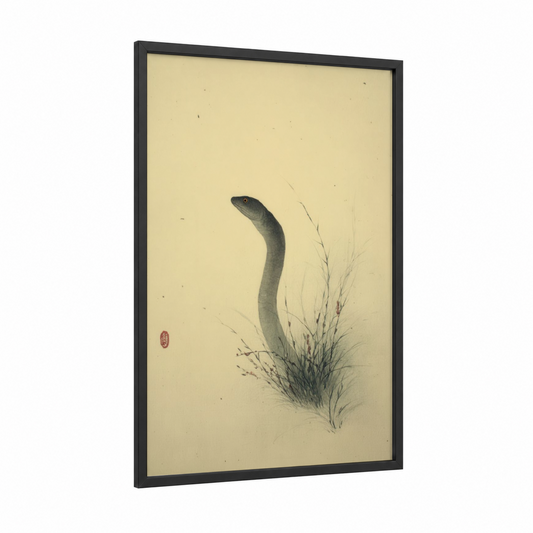 Grass Eel framed eels print — black wood frame — gray and cream palette