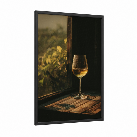Golden Hour Wine framed white wine print — black wood frame — gold and brown palette