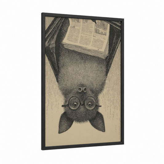 Scholarly Bat framed art print — black wood frame — black and white and cream palette