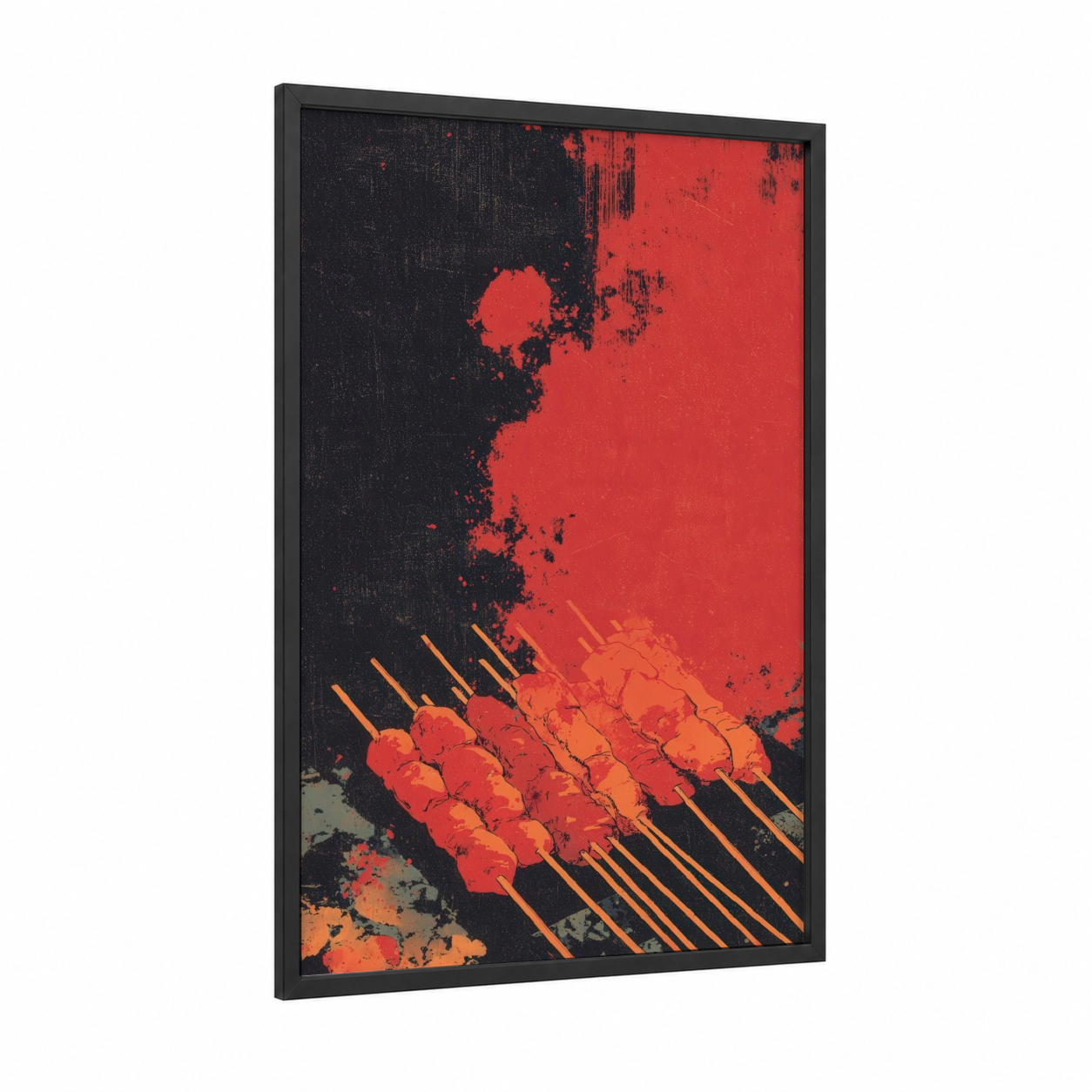Grilled Skewers framed poultry print — black wood frame — red and black palette