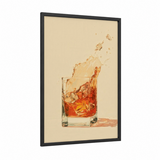 Whiskey Splash framed art print — black wood frame — gold and cream palette