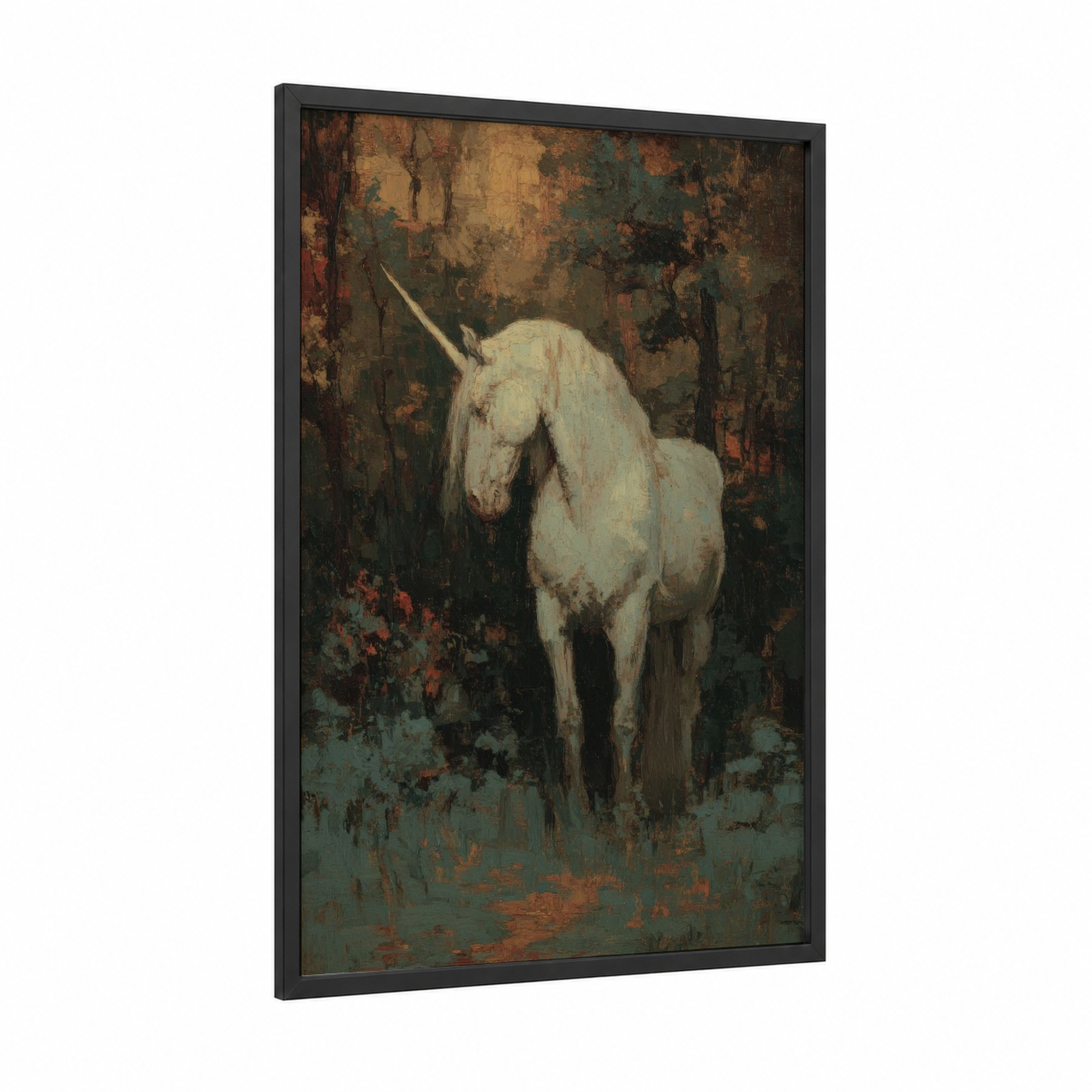Enchanted Unicorn framed unicorns print — black wood frame — gold and teal palette