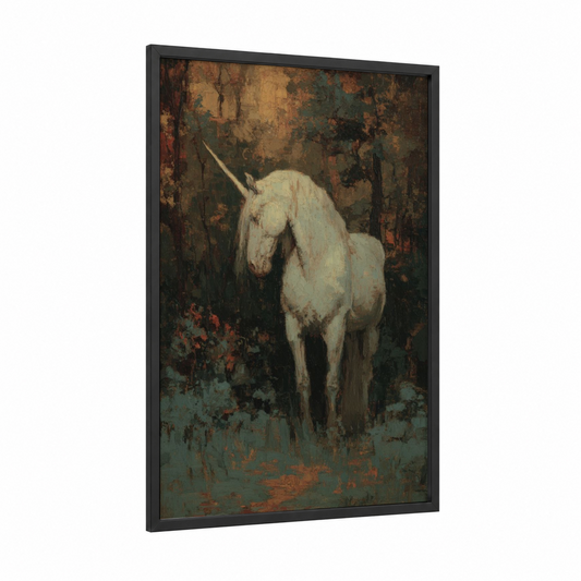 Enchanted Unicorn framed unicorns print — black wood frame — gold and teal palette
