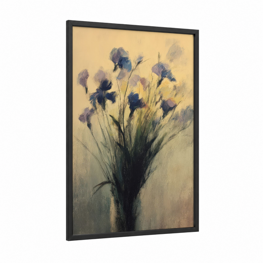 Violets framed art print — black wood frame — cream and blue palette