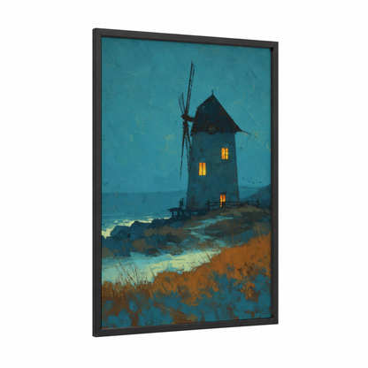 Coastal Windmill framed windmills print — black wood frame — teal and gold palette