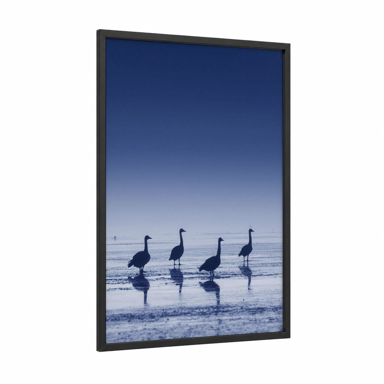 Shoreline Swan Silhouettes framed art print — black wood frame — blue and blue and white palette
