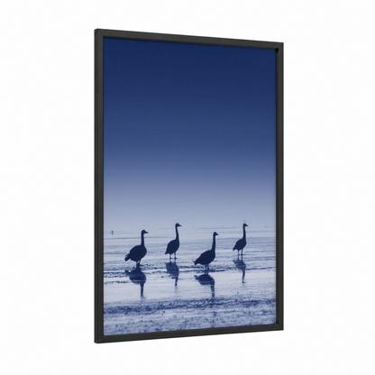 Shoreline Swan Silhouettes framed art print — black wood frame — blue and blue and white palette