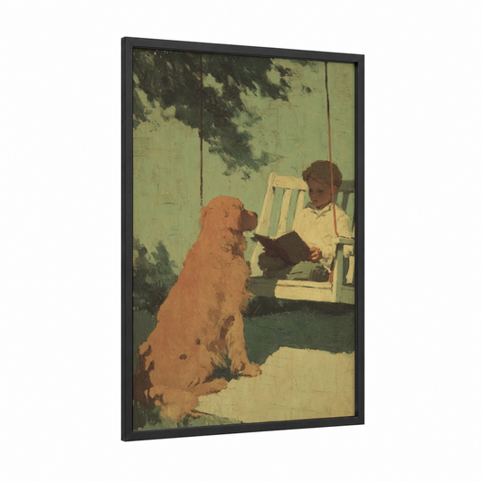 Quiet Companionship framed reading print — black wood frame — sage green and gold palette