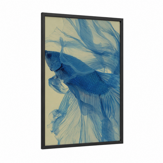 Azure Betta Fish framed art print — black wood frame — blue and cream palette