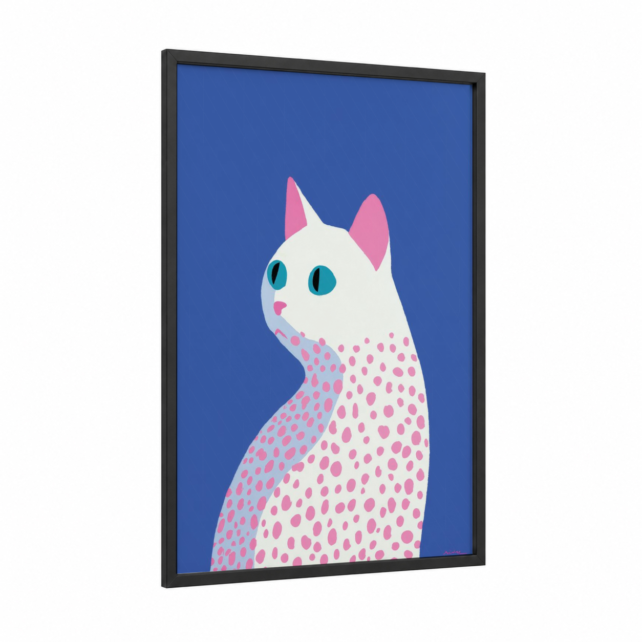 Pink Spotted Cat framed art print — black wood frame — royal blue and pink palette