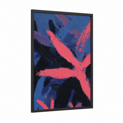 Neon Starfish framed art print — black wood frame — blue and magenta palette
