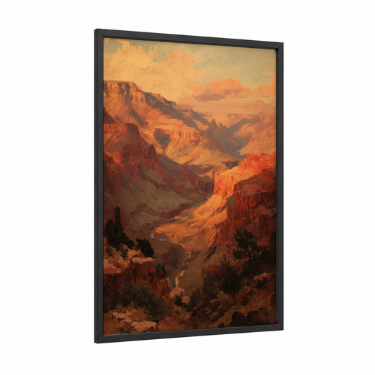 Golden Canyon Sunset framed art print — black wood frame — gold and russet palette