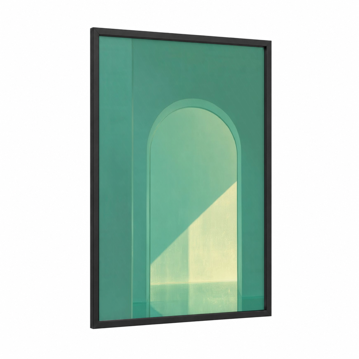 Serene Arch Light framed art print — black wood frame — sage green and gold palette