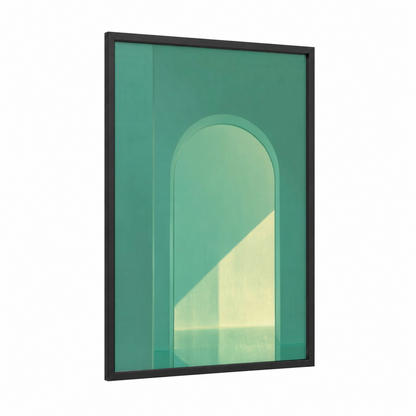 Serene Arch Light framed art print — black wood frame — sage green and gold palette