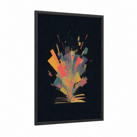 Imagination Explosion framed reading print — black wood frame — gold and blue and gold palette