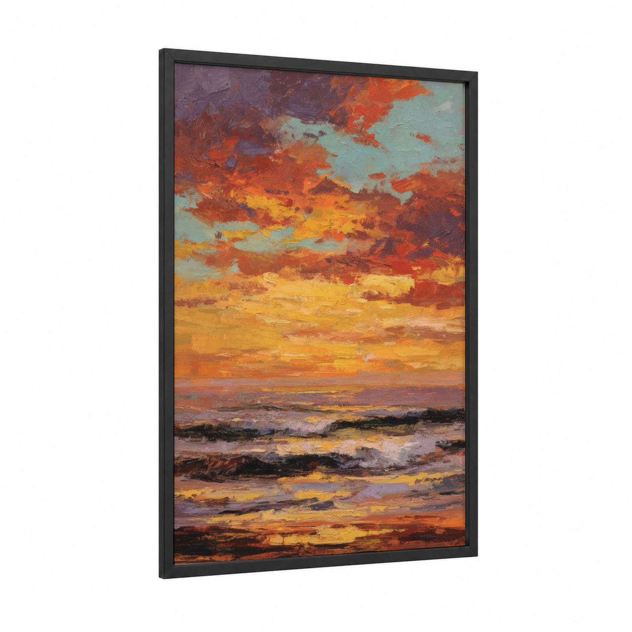 Golden Sunrise Beach framed art print — black wood frame — gold and orange palette