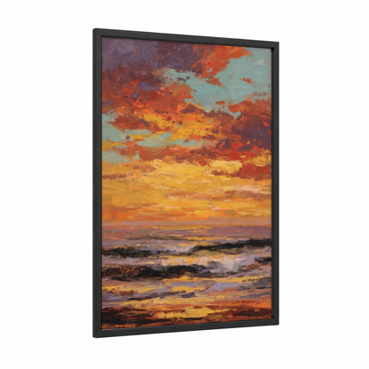 Golden Sunrise Beach framed art print — black wood frame — gold and orange palette