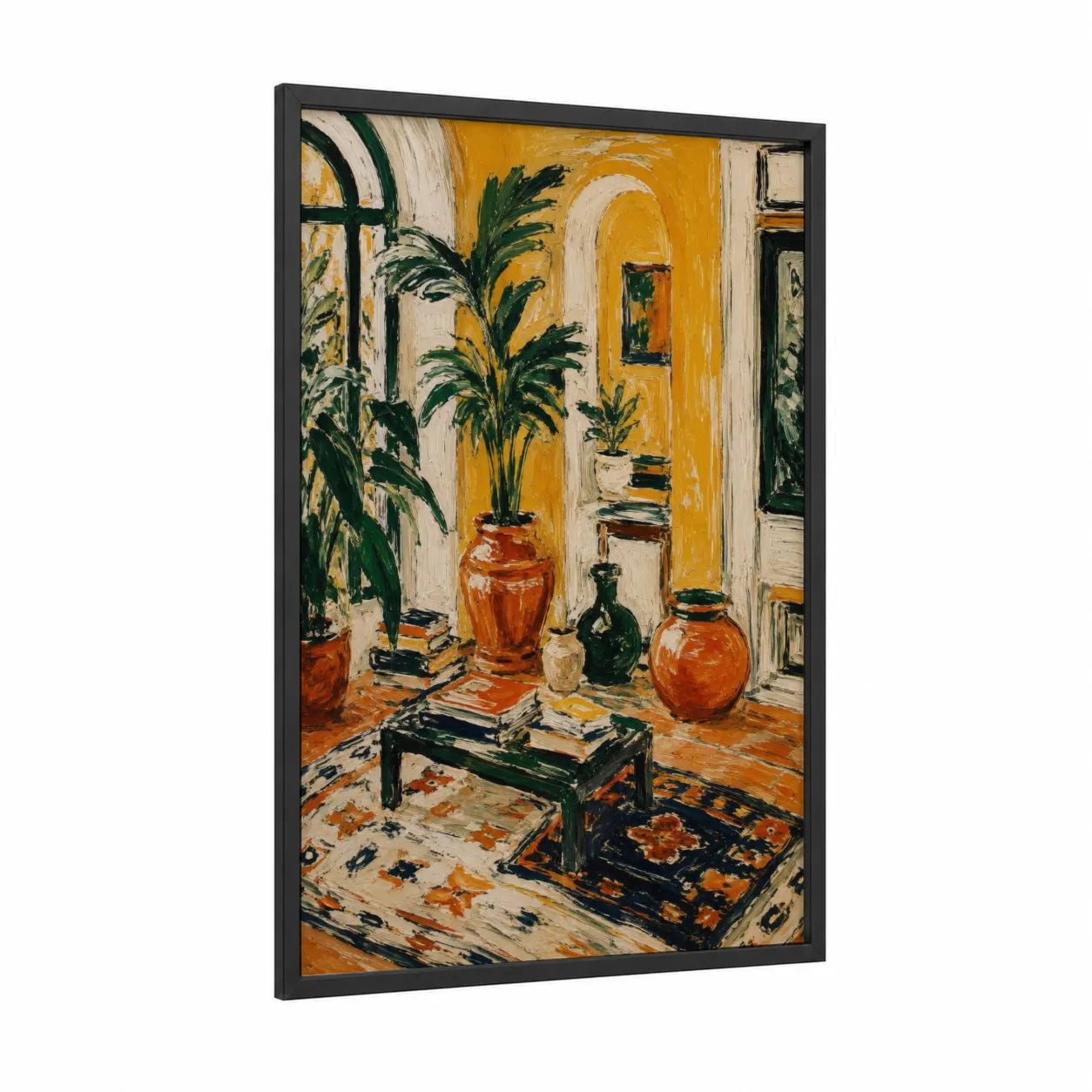 Mediterranean Interior With Potted Plants Wall Art framed art print — black wood frame — gamboge and true green palette