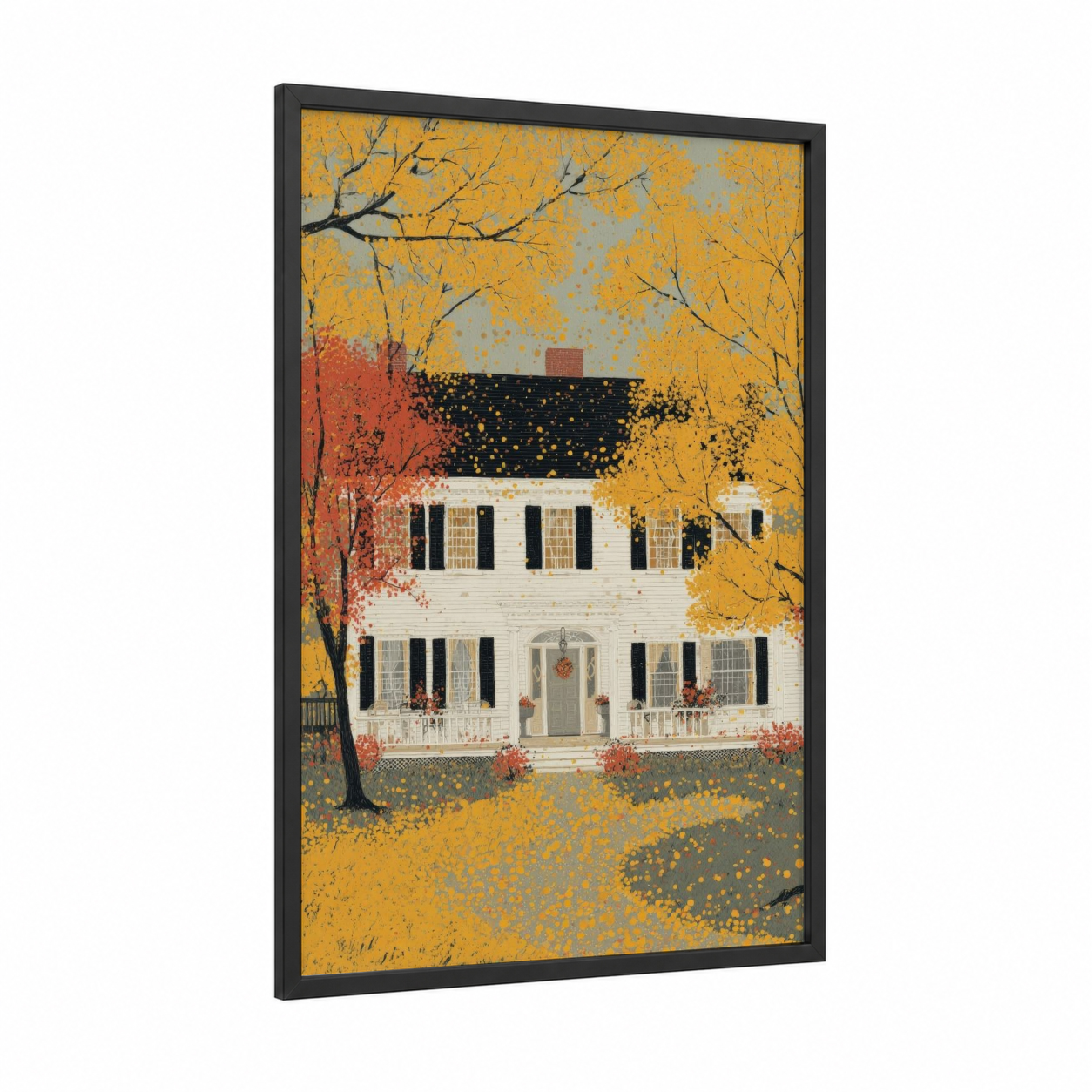 Autumn Colonial Home framed thanksgiving print — black wood frame — yellow gold and russet palette