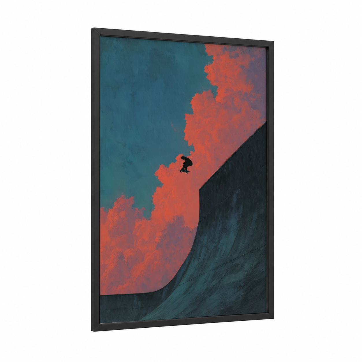 Sky Ripper framed skateboarding print — black wood frame — teal and red palette