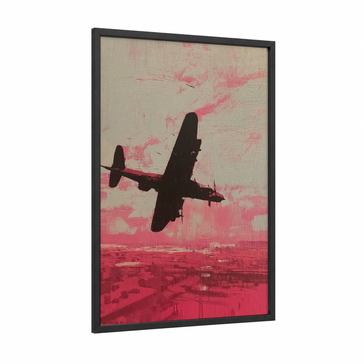 Pink Horizon Bomber framed vintage airplane print — black wood frame — pink and cream palette