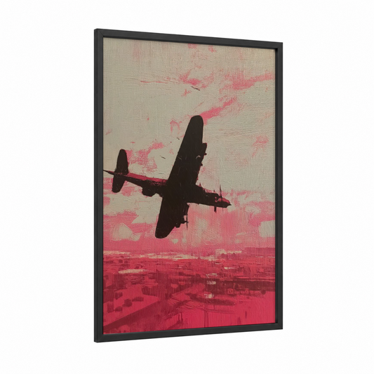 Pink Horizon Bomber framed vintage airplane print — black wood frame — pink and cream palette