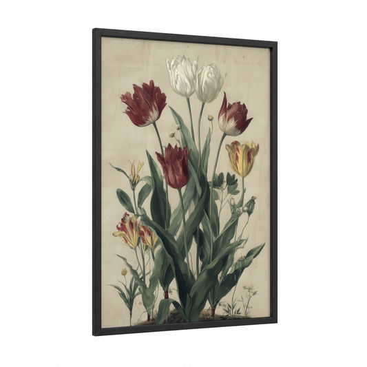 Vintage Tulip Variety framed art print — black wood frame — cream and maroon palette