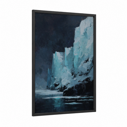 Frozen Cliff Wall framed art print — black wood frame — teal and black palette