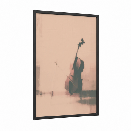 Misty Cello framed art print — black wood frame — peach and dove gray palette
