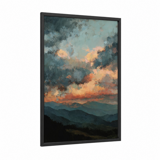 Golden Hour Ridges framed blue ridge mountains print — black wood frame — gold and dark blue palette