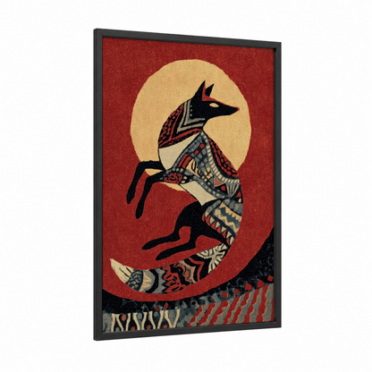 Celestial Coyote framed art print — black wood frame — red and gold and white palette
