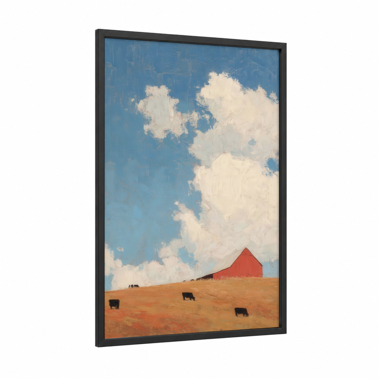 Red Barn Pastoral framed farm print — black wood frame — blue and cream palette