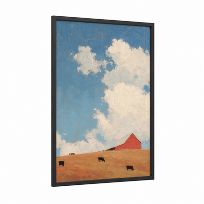Red Barn Pastoral framed farm print — black wood frame — blue and cream palette