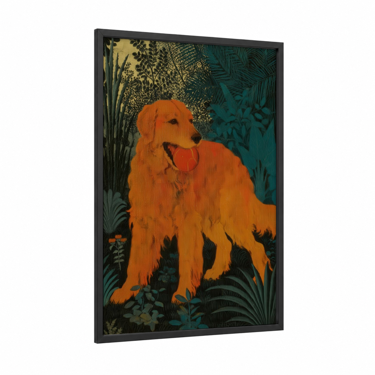 Golden Spitz Companion framed art print — black wood frame — orange and teal palette