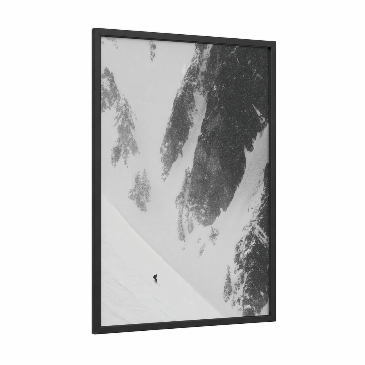 Snowy Mountain Descent framed skiing print — black wood frame — black and white and gray palette