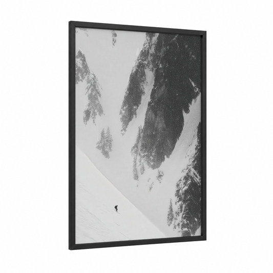 Snowy Mountain Descent framed skiing print — black wood frame — black and white and gray palette