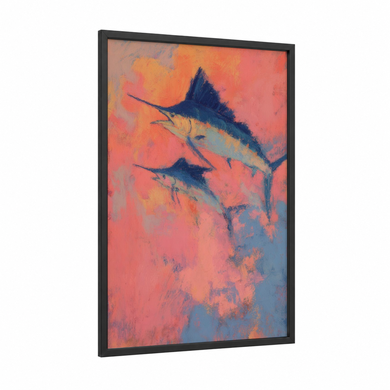 Crimson Sailfish Pair framed art print — black wood frame — orange and dark blue palette