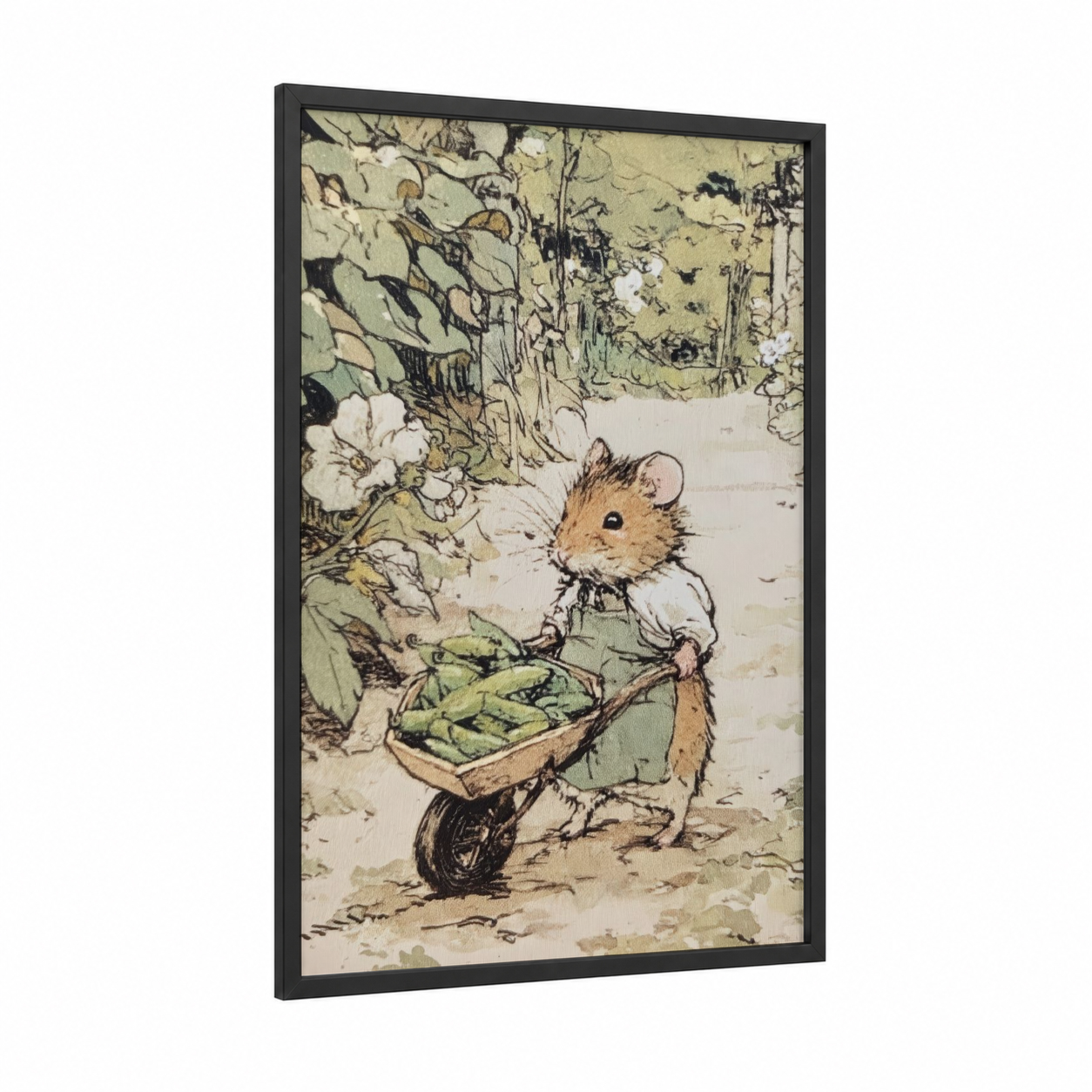 Industrious Hamster framed art print — black wood frame — cream and light green palette