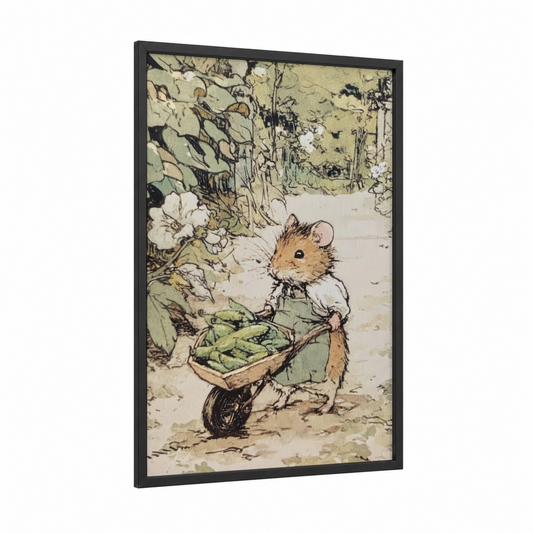 Industrious Hamster framed art print — black wood frame — cream and light green palette