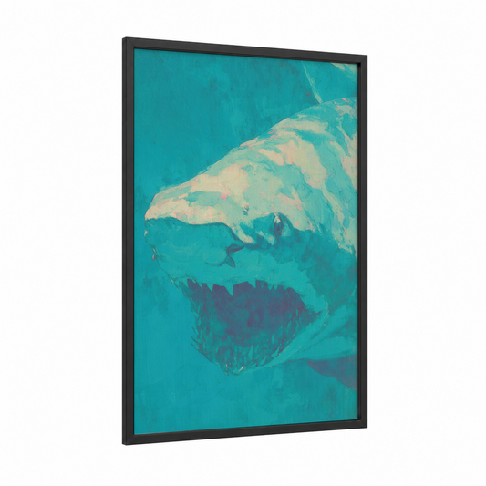 Turquoise Predator framed sand tiger shark print — black wood frame — turquoise and cream palette